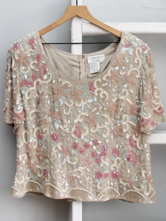Adrianna Papell Tops - Adriana Papell VTG Silk Multicolor Pink Cream Beaded Sequin Shell Blouse Size 18